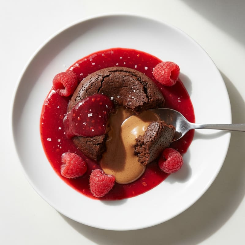 High-Protein Chocolate Lava Cake with Raspberry Coulis