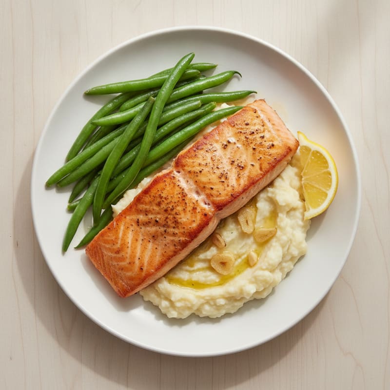 Seared Salmon with Steamed Green Beans and Garlic Mashed Cauliflower