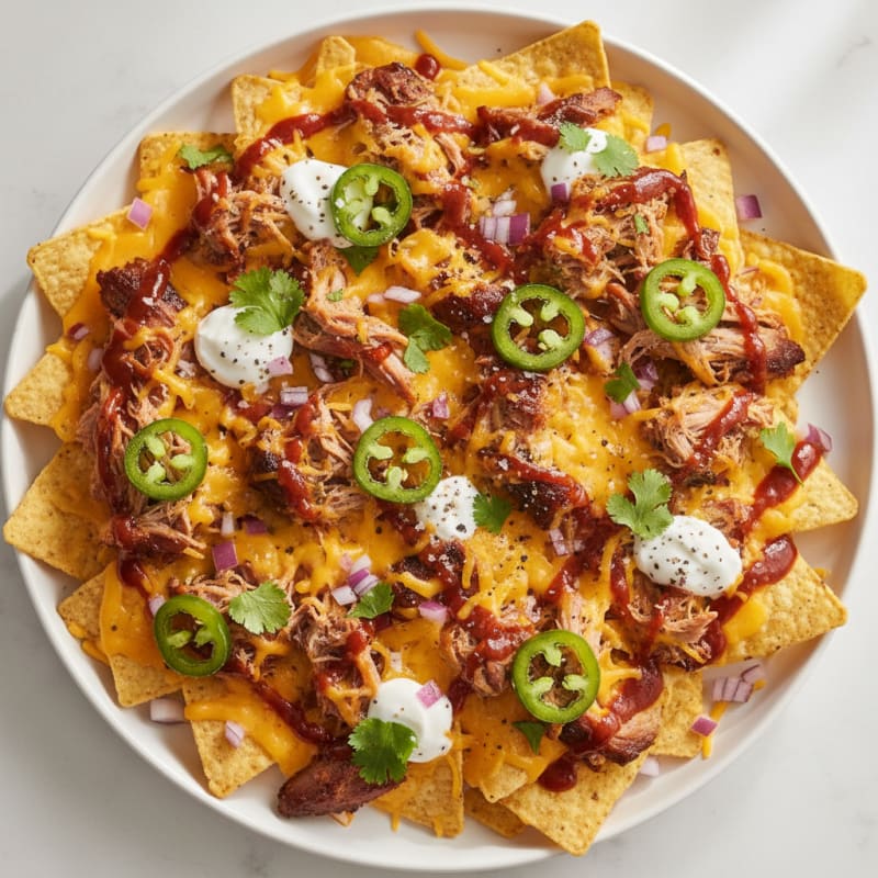 BBQ Pulled Pork Nachos with Pickled Jalapeños