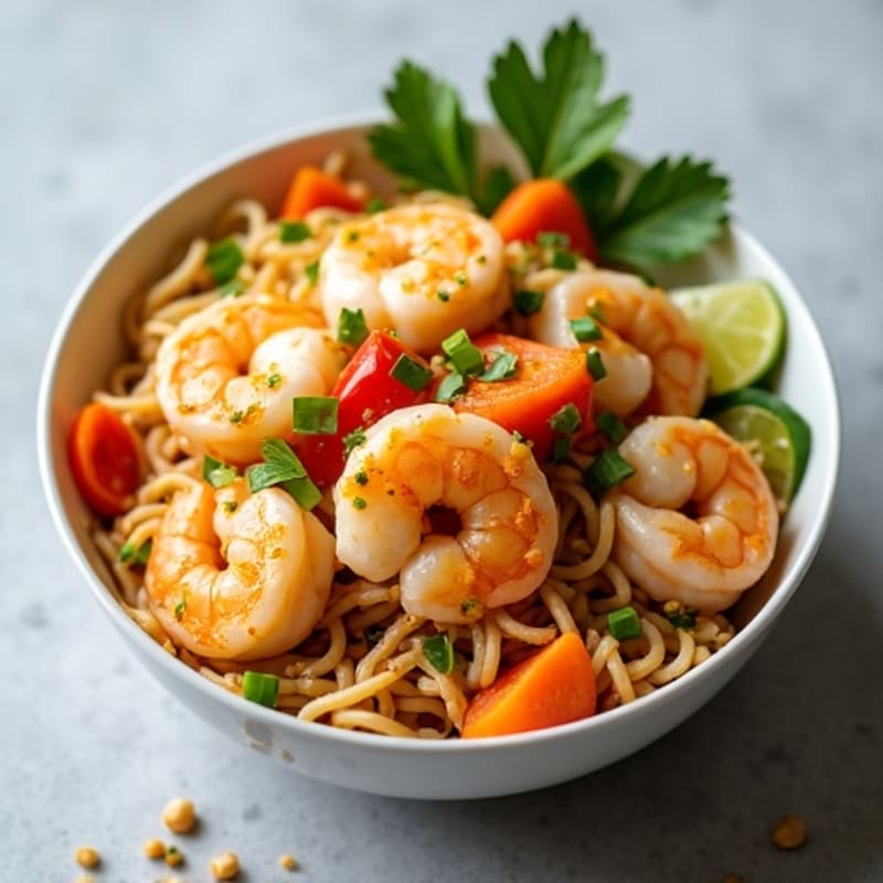 Shrimp and Rice Noodles with Tangy Peanut Sauce and Crisp Vegetables