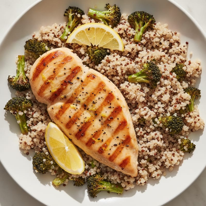 Grilled Lemon Pepper Chicken with Quinoa and Roasted Broccoli