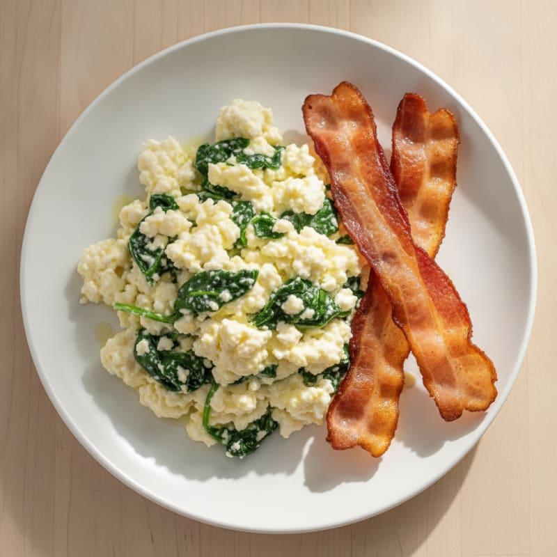 Cottage Cheese Scramble with Spinach and Turkey Bacon