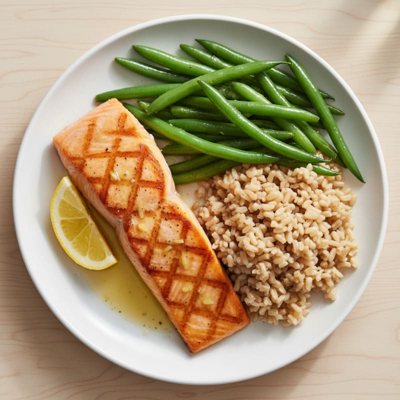 Seared Salmon with Steamed Green Beans and Brown Rice