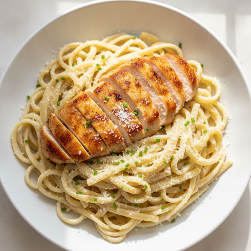 Seared Chicken Breast with Creamy Garlic Pasta