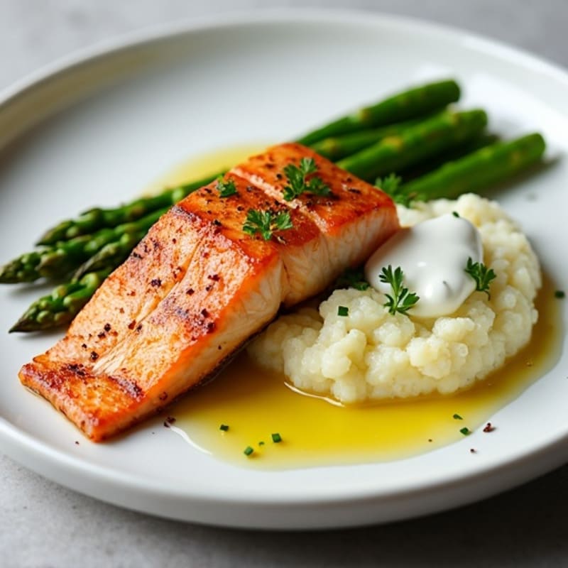 Seared Salmon with Steamed Asparagus and Cauliflower Mash
