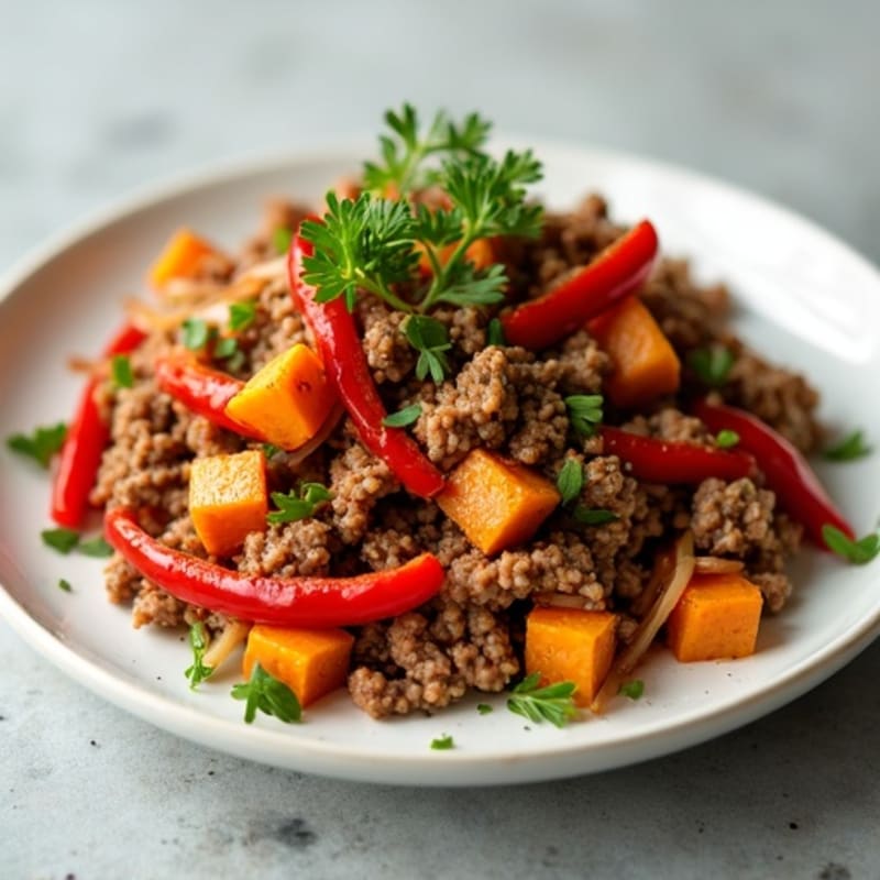 Savory Lean Ground Beef and Roasted Sweet Potato Hash