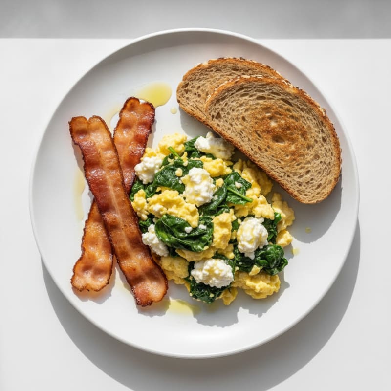 Cottage Cheese Scramble with Spinach and Turkey Bacon