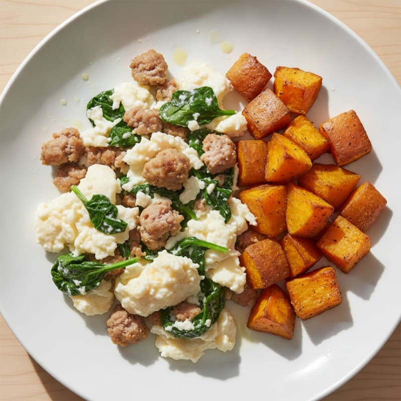 Egg White and Turkey Sausage Scramble with Spinach and Roasted Sweet Potatoes