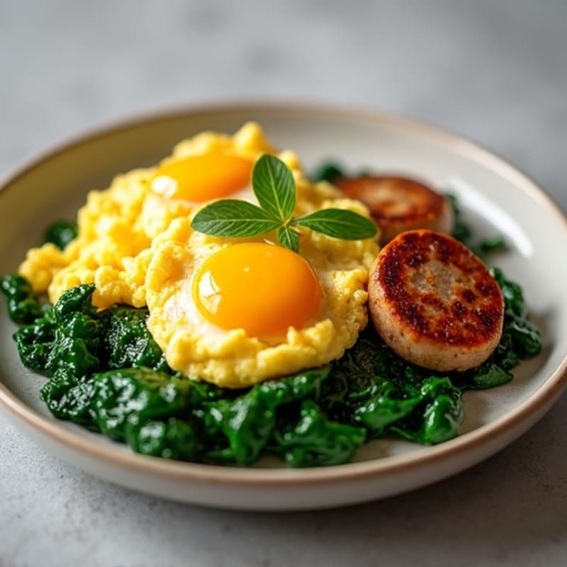 Scrambled Eggs with Chicken Sausage and Sautéed Spinach