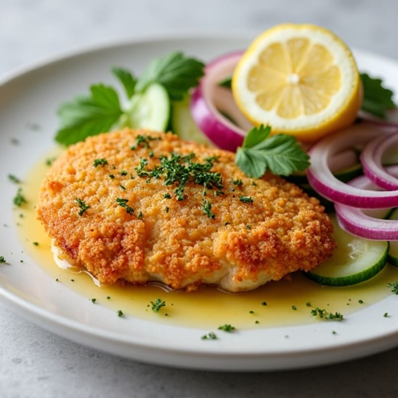 Crispy Lemon Herb Chicken with Fresh Red Onion and Cucumber Salad