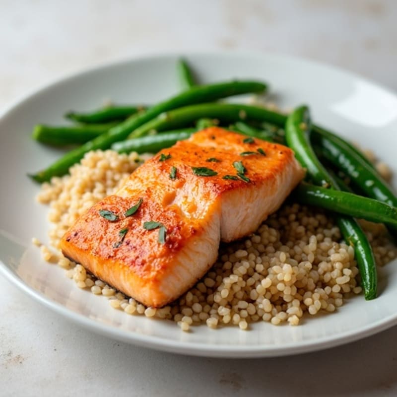 Seared Salmon Fillet with Garlic Green Beans and Brown Rice