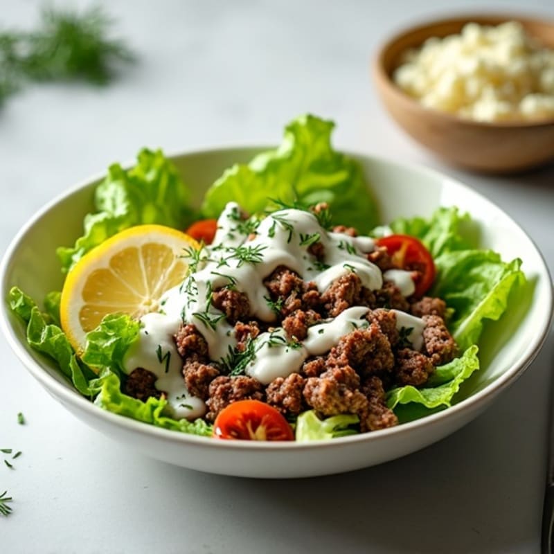 Savory Ground Beef and Crispy Lettuce Bowl with Creamy Dill Dressing
