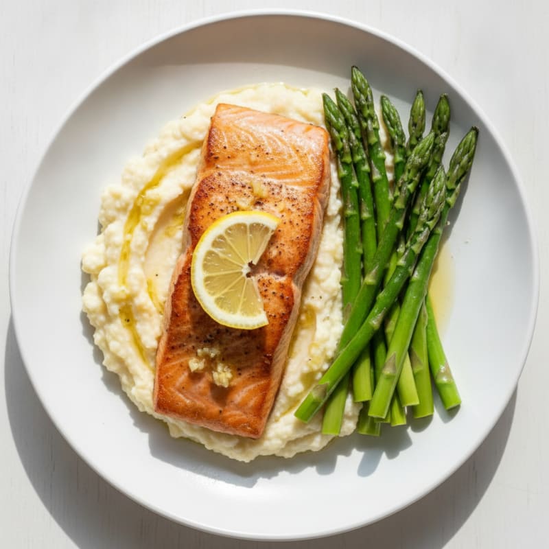Seared Salmon with Steamed Asparagus and Cauliflower Mash