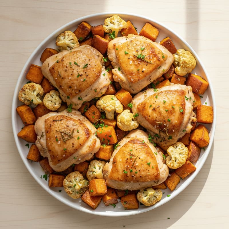 Roasted Chicken Thighs with Sweet Potato and Cauliflower