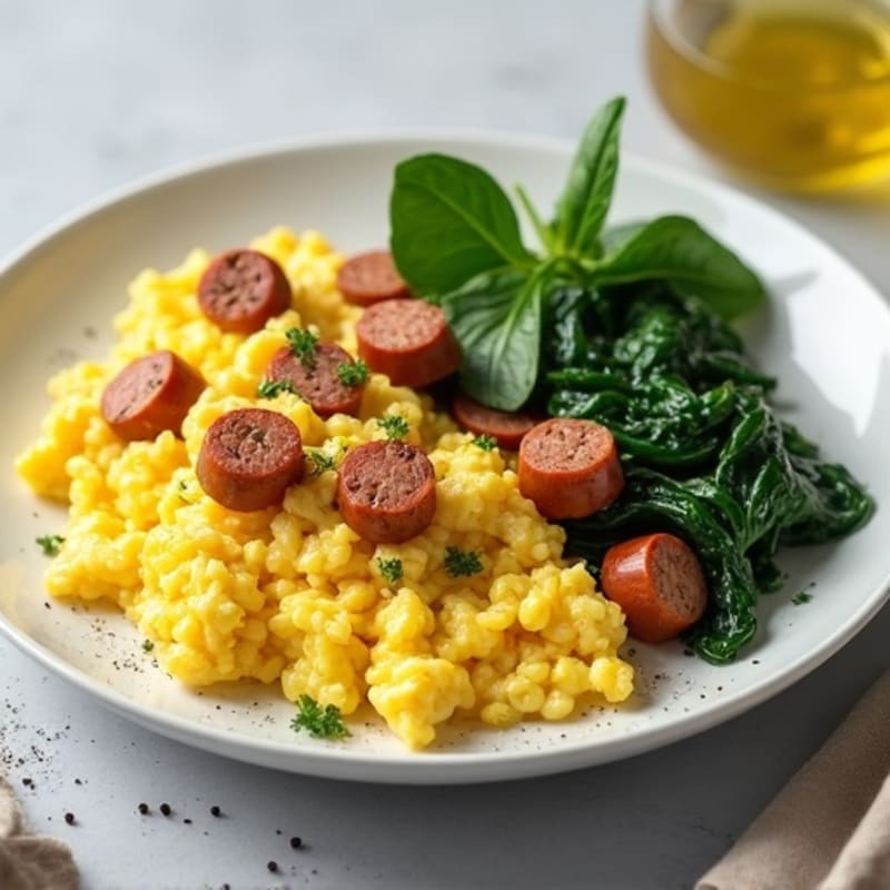 Fluffy Scrambled Eggs with Lean Turkey Sausage and Spinach