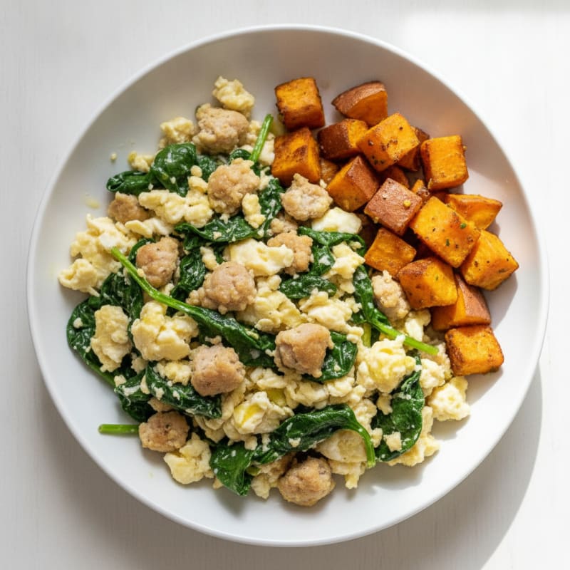 Egg White and Turkey Sausage Scramble with Sautéed Spinach