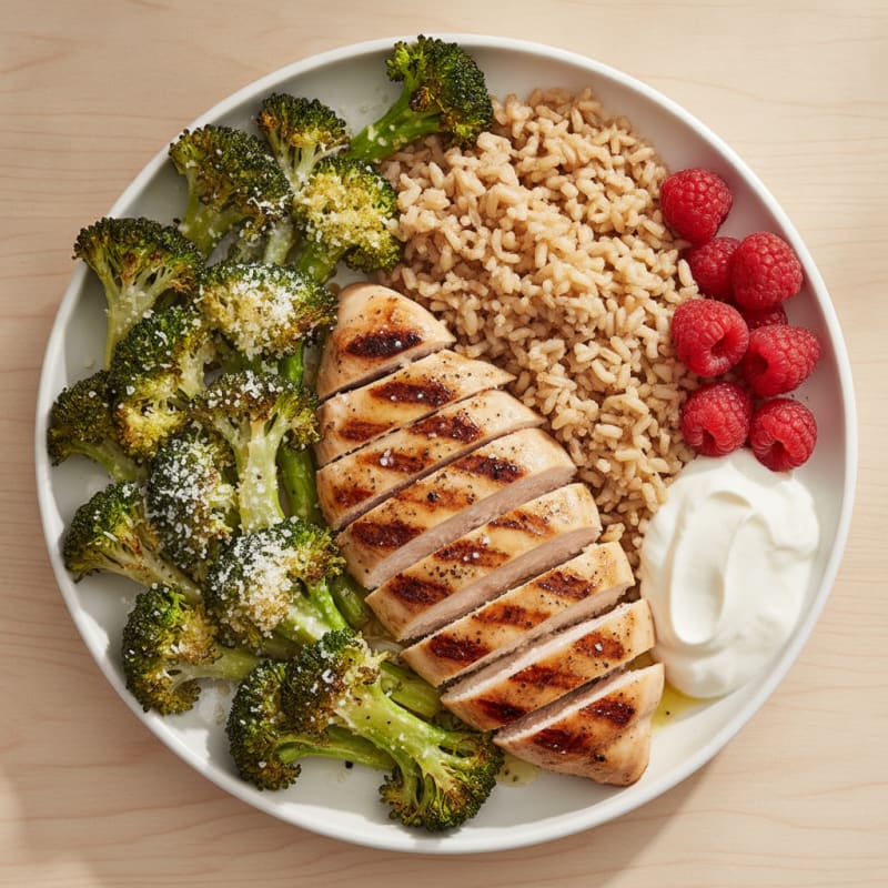 Grilled Chicken Breast with Brown Rice and Roasted Broccoli