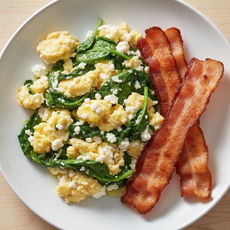 Cottage Cheese Egg Scramble with Spinach and Turkey Bacon