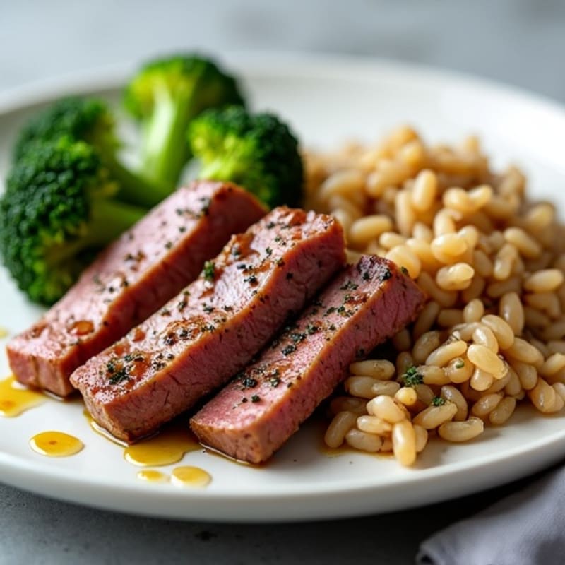 Seared Beef Strips with Steamed Broccoli and Brown Rice