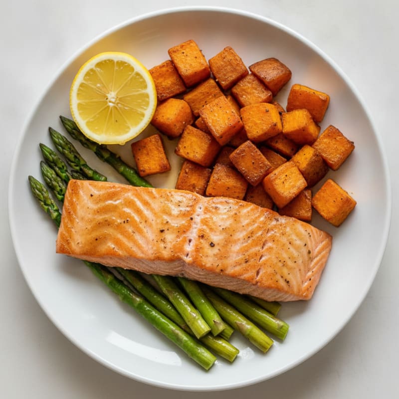 Seared Salmon with Roasted Sweet Potato and Asparagus