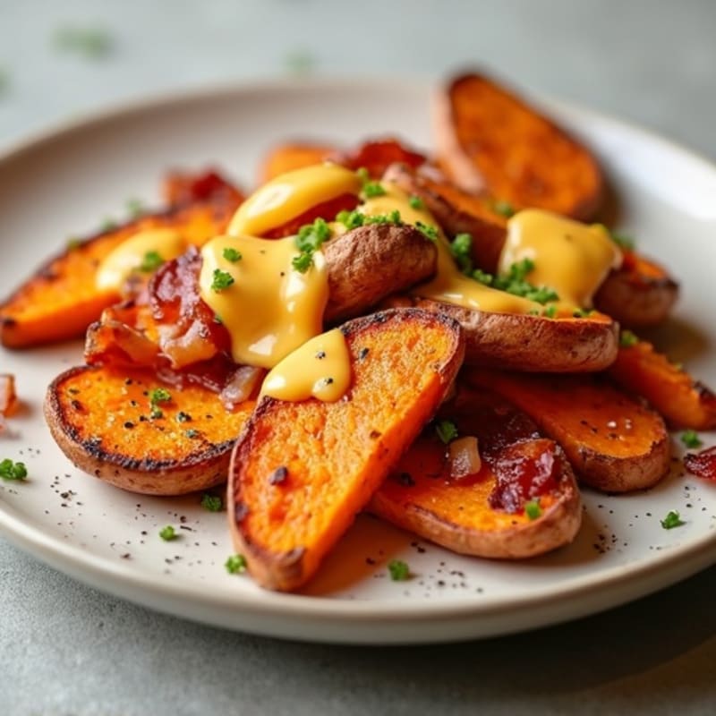 Crispy Sweet Potato Wedges with Smoky Turkey Bacon and Creamy Cheddar Drizzle