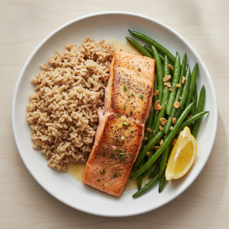 Seared Salmon with Garlic Green Beans and Brown Rice