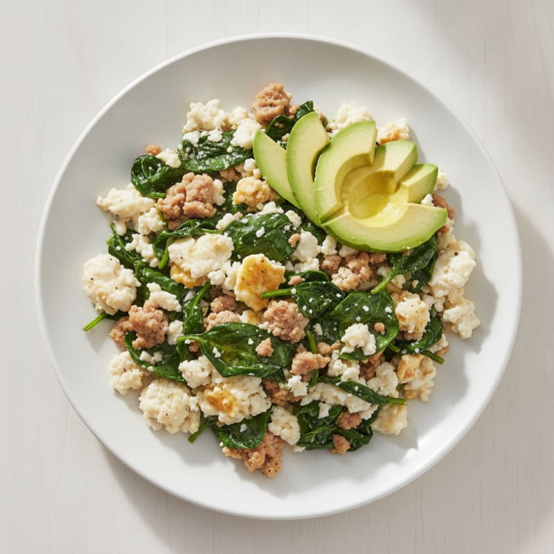 Egg White and Turkey Sausage Scramble with Sautéed Spinach