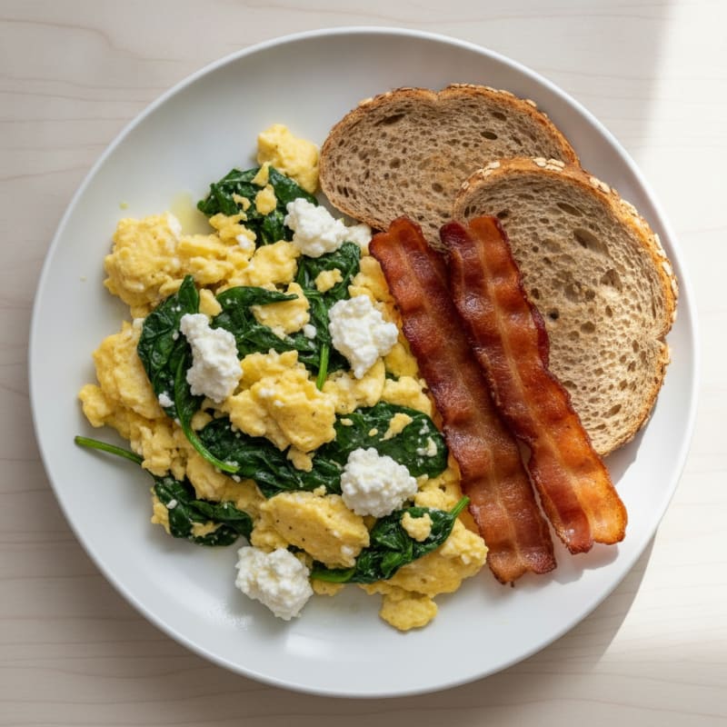 Cottage Cheese Egg Scramble with Spinach and Turkey Bacon