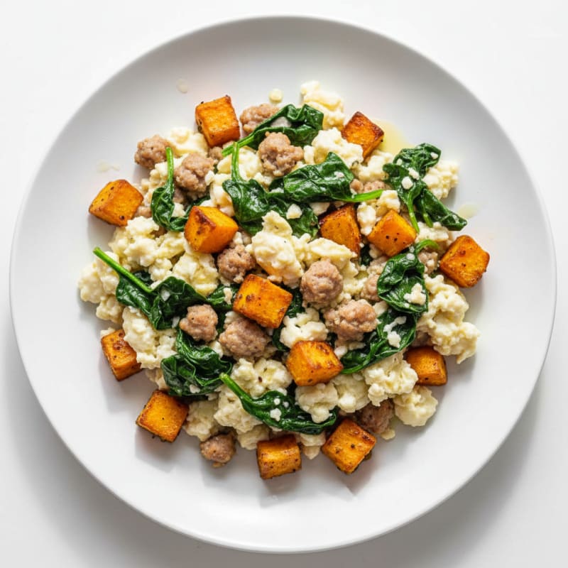 Egg White and Turkey Sausage Scramble with Spinach and Roasted Sweet Potatoes