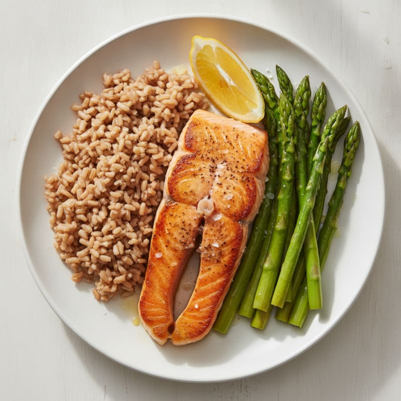 Seared Salmon with Steamed Asparagus and Brown Rice