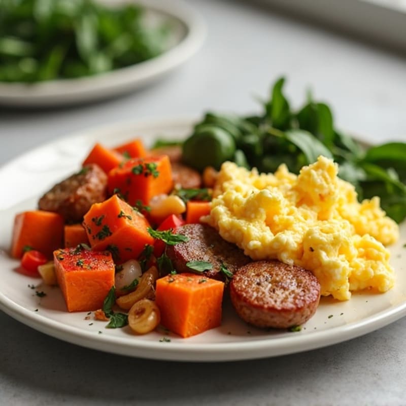 Savory Sweet Potato Hash with Scrambled Eggs and Lean Chicken Sausage