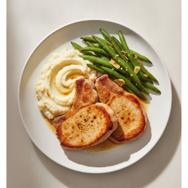 Seared Pork Chops with Garlic Green Beans and Mashed Cauliflower