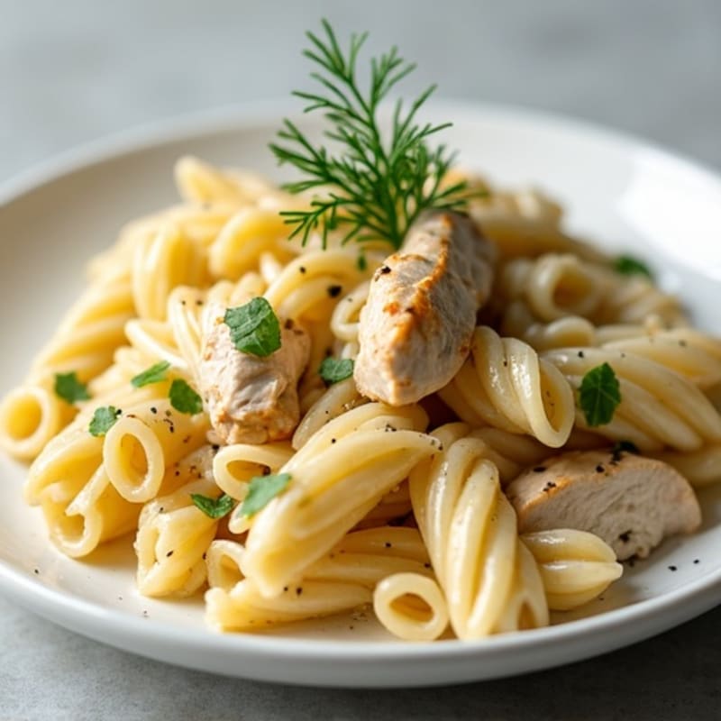 Creamy Greek Yogurt Dill Pickle Pasta with Shredded Chicken