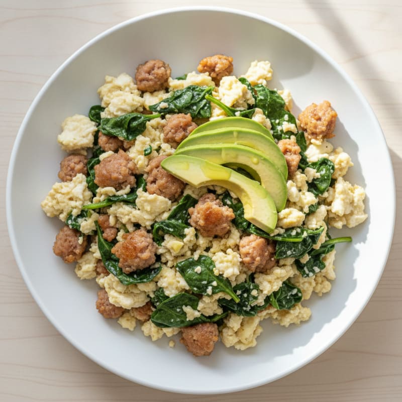Egg White Spinach Scramble with Turkey Sausage