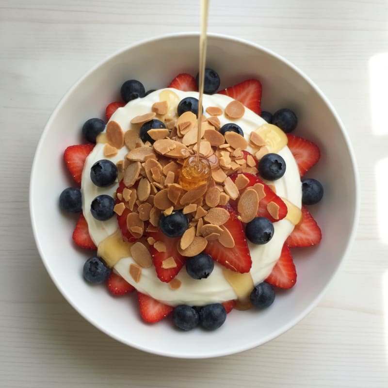Greek Yogurt Parfait with Crunchy Almonds and Fresh Berries