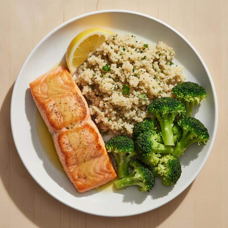 Seared Salmon with Steamed Broccoli and Quinoa