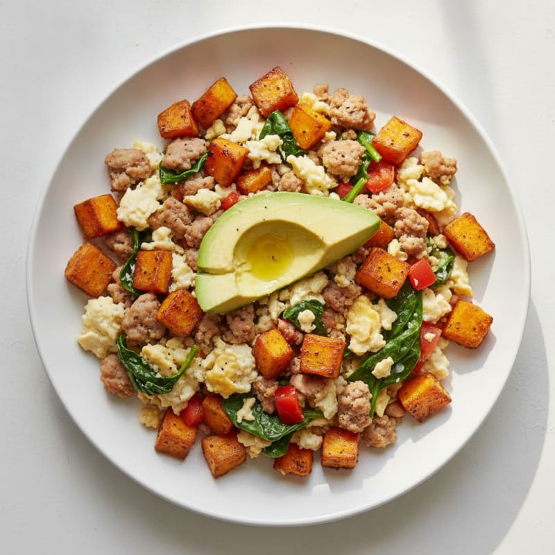 Egg White Scramble with Turkey Sausage and Roasted Sweet Potatoes