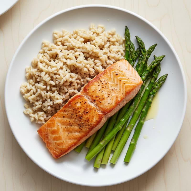 Seared Salmon with Steamed Asparagus and Brown Rice