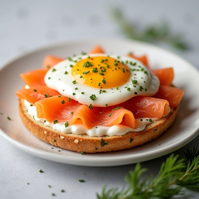 Open-Face Smoked Salmon with Herbed Cream Cheese on Toasted Everything Bagel