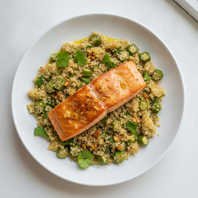 Seared Salmon with Okra and Quinoa Pilaf