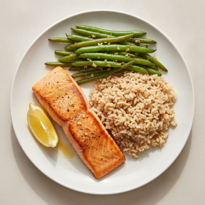Seared Salmon with Garlic Green Beans and Brown Rice