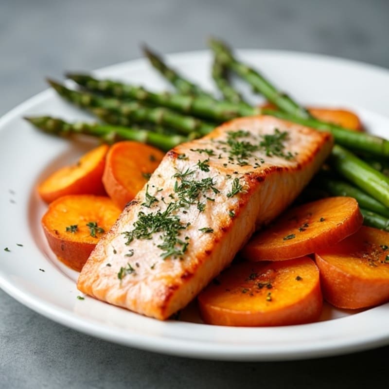 Seared Salmon Fillet with Roasted Sweet Potatoes and Asparagus