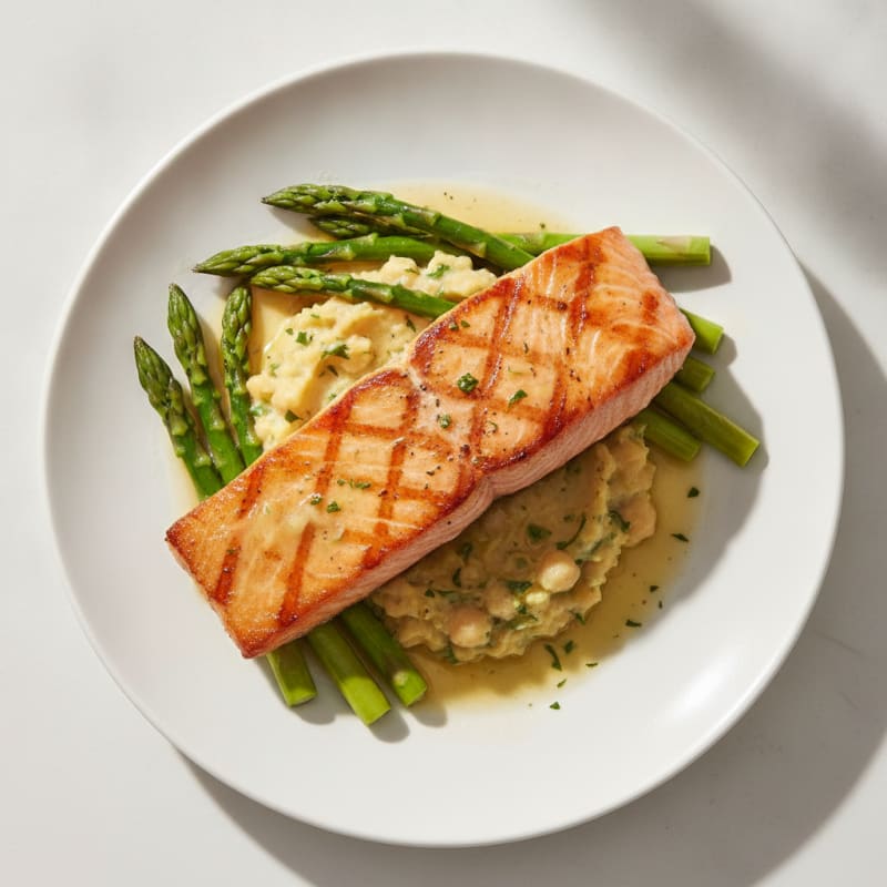 Seared Salmon Fillet with Steamed Asparagus and Chickpea Mash
