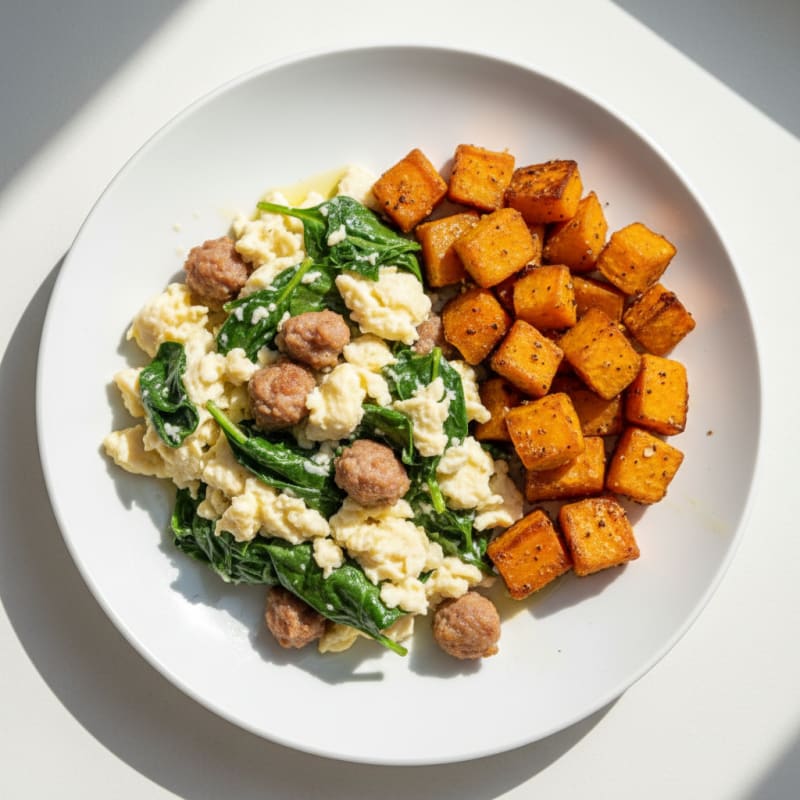 Egg White and Spinach Scramble with Turkey Sausage and Roasted Sweet Potato