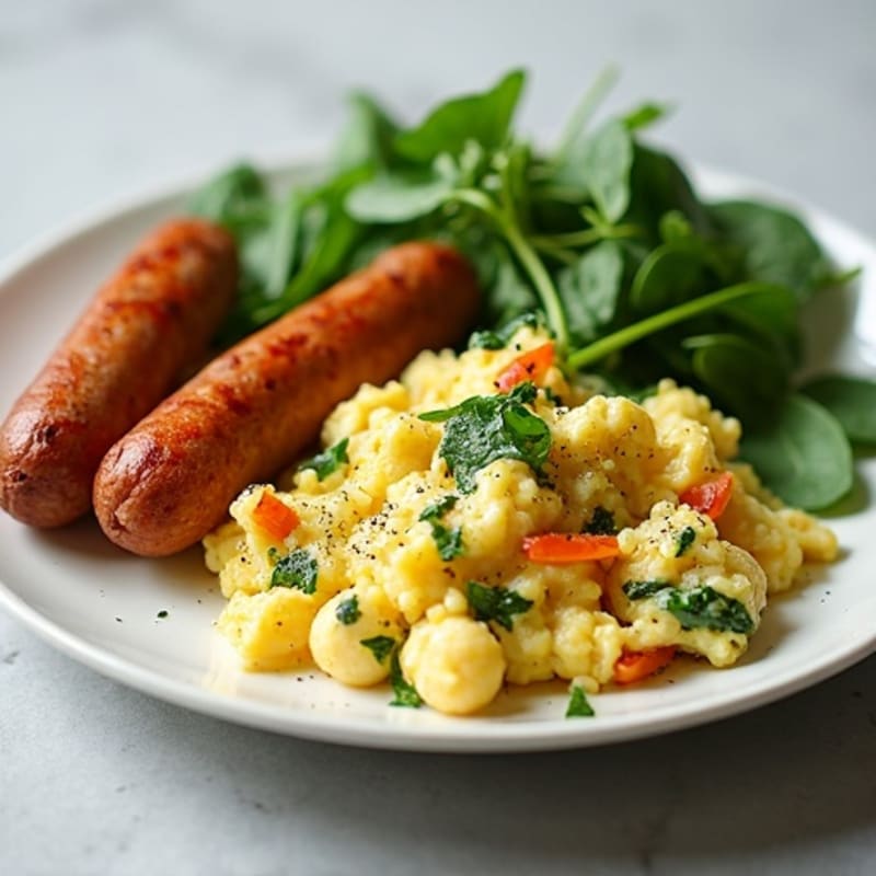 Egg White Spinach Scramble with Turkey Sausage and Roasted Sweet Potatoes