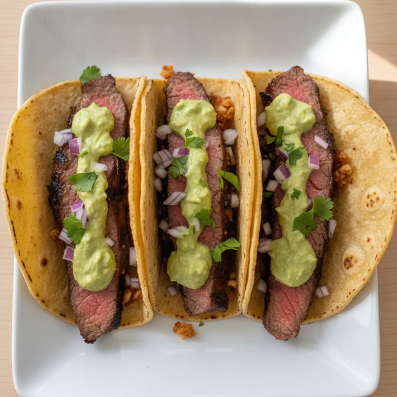 Carne Asada Tacos with Avocado Crema