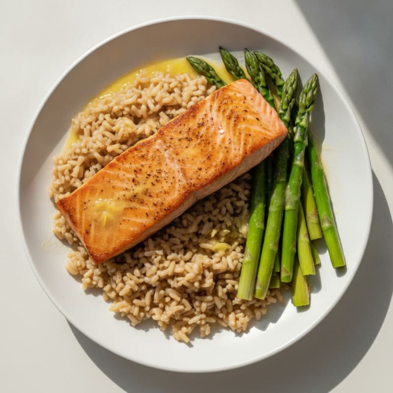 Seared Salmon with Steamed Asparagus and Brown Rice