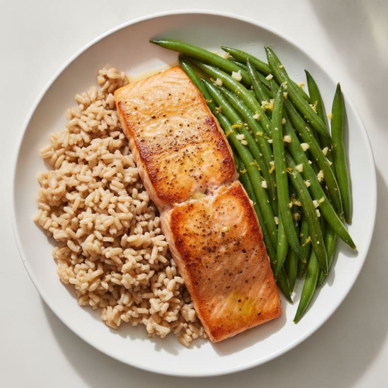 Seared Salmon with Lemon-Garlic Green Beans and Brown Rice