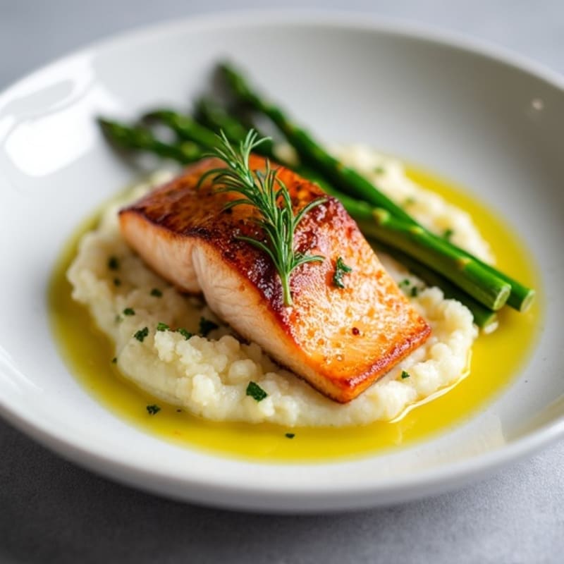 Seared Salmon with Steamed Asparagus and Cauliflower Mash