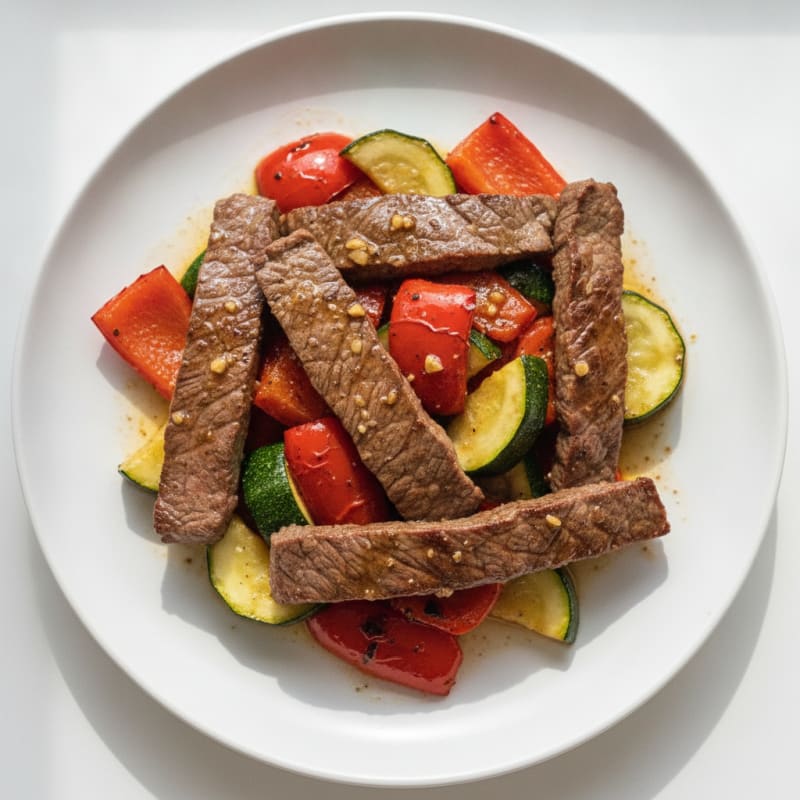 Seared Beef Strips with Roasted Bell Peppers and Zucchini